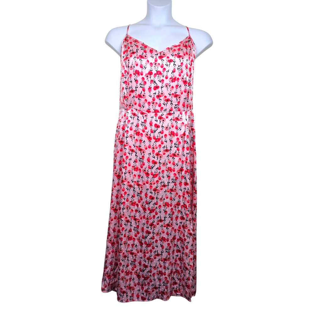 Adore Me Womens Pink Red Floral Print Side Slit Satin Slip Midi Dress Size 3X